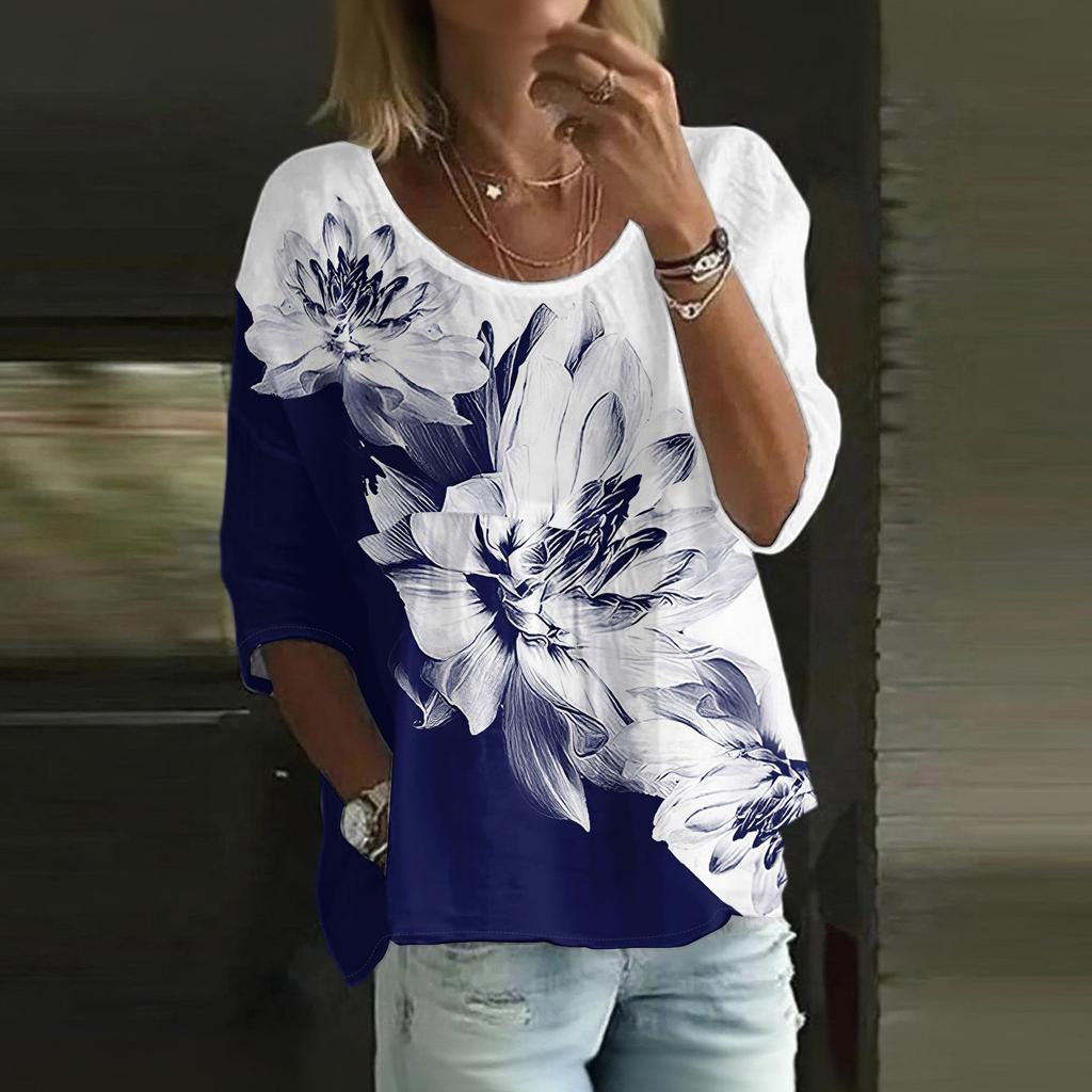 Damen Casual Mode Dreiviertelarm Locker Rundhals Floral Bedrucktes Oberteil