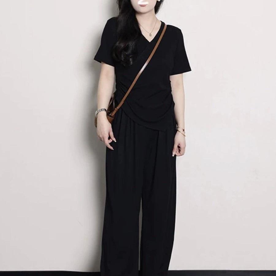Plus Size Women's V-neck Irregular Short Sleeve Top and Wide Leg Pants - Summer Slimming Casual Set