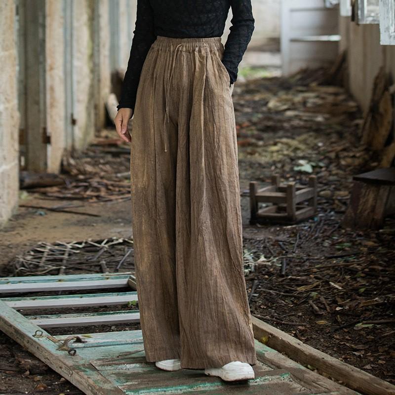 Johnature Pantalones casuales de pierna ancha para mujer, pantalones tie-dye de cintura elástica, otoño, bolsillos, cinturón, pantalones largos