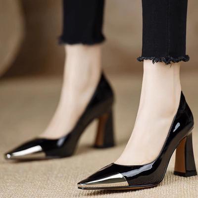 Fashion Women's Spring and Autumn New High Heel Comfortable Kick-proof Metal Pointed Toe Shallow Mouth Block Heel Single Shoes