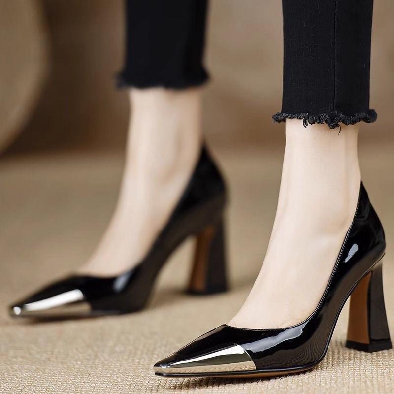 Fashion Metallic Pointed Toe Shallow Mouth Block Heel Single Shoes New Patent Leather Non-Slip Wear-Resistant High Heels for Autumn