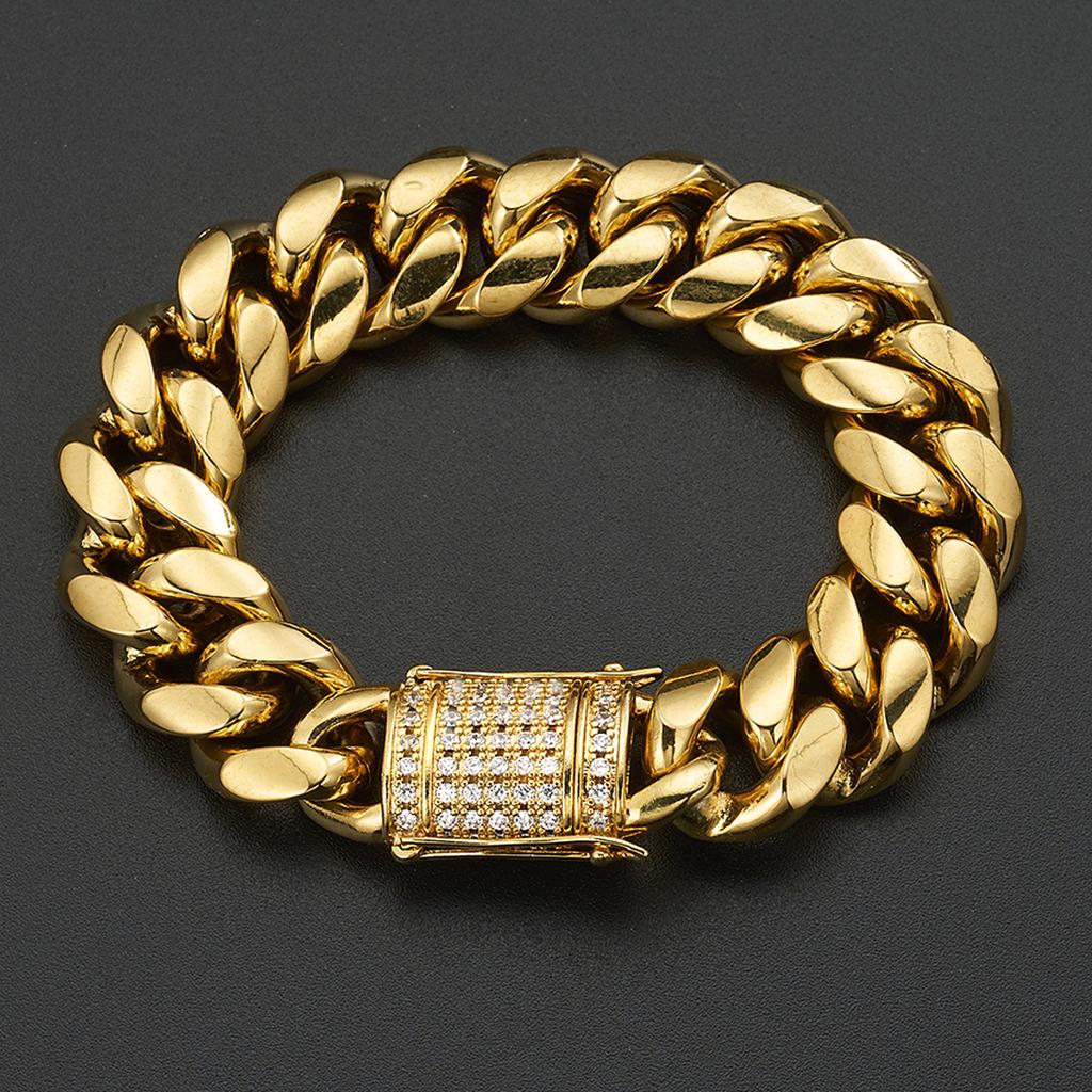 2019 Neuankömmling 8/10/12/14/16/18 mm Edelstahl Miami Curb Cuban Chain Kristallarmband Casting Lock Verschluss Herren Gliederschmuck