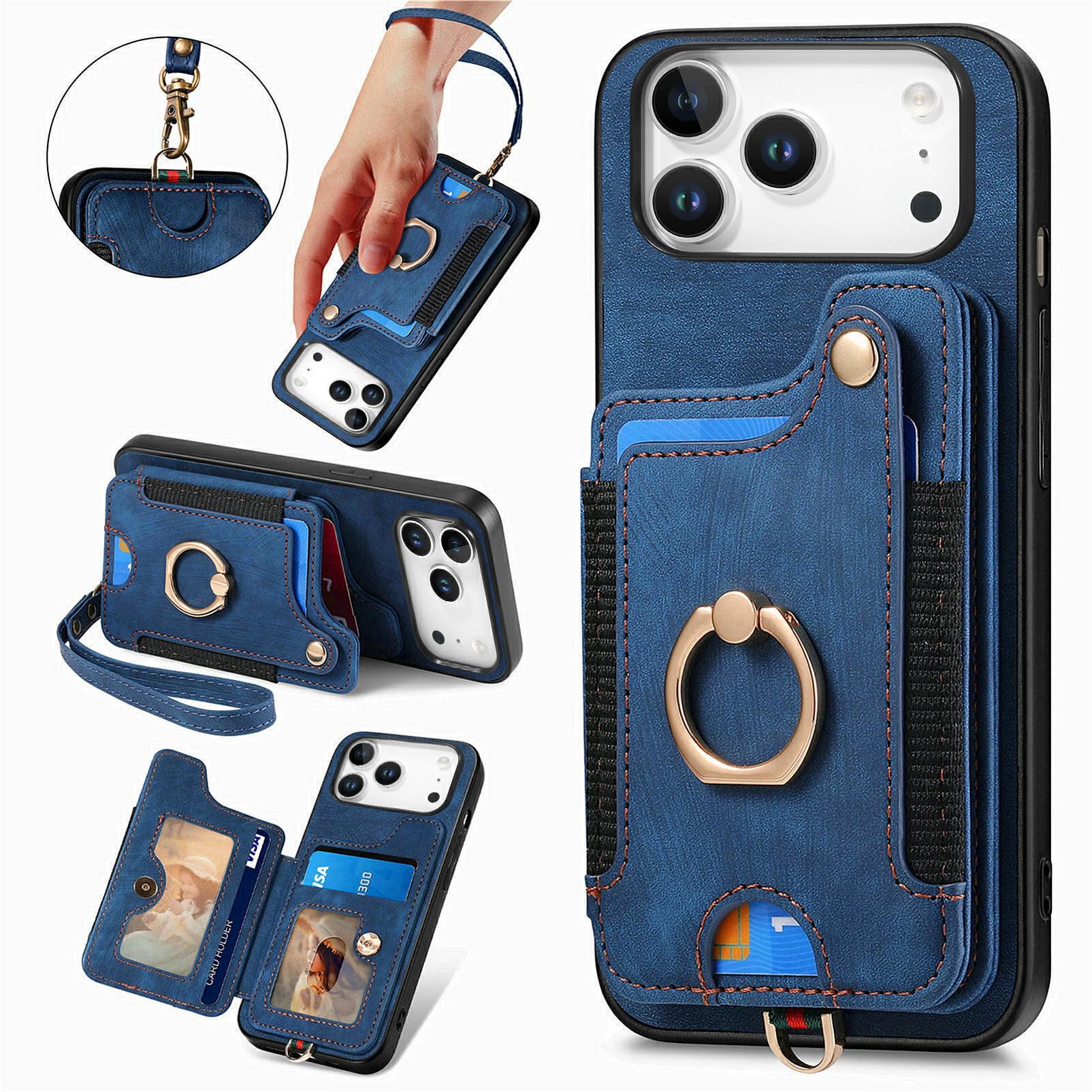 For iPhone 17 Pro Retro PU Leather Case Phone Cover with RFID Blocking Card Holder   /   Ring Holder