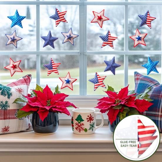 Patriotic Star Window Clings American Flag Stars Stickers PVC Static Window Decals for 4th of July Memorial Day Independence Day Home Office