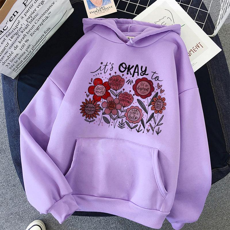 Women's Casual Long Sleeve Hoodies Vintage Graphic Y2k Hooded Pullovers Ditsy Floral and Alphabet Print Sweatshirts 90s Clothes