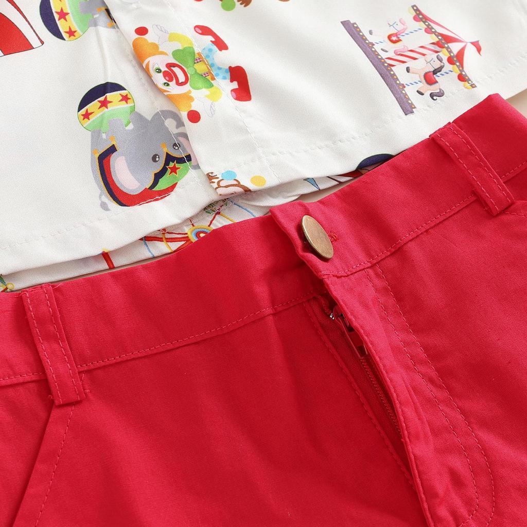 Toddler Kids Boys 2 Pieces Outfits, Farm/Circus Cartoon Animal Print Short Sleeve Shirts with Bow Tie + Solid Color Shorts Set