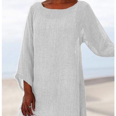 Blusa Feminina Cor Sólida Algodão Linho Gola Redonda Manga Longa Túnica Irregular Top Primavera Verão Camisas Oversized