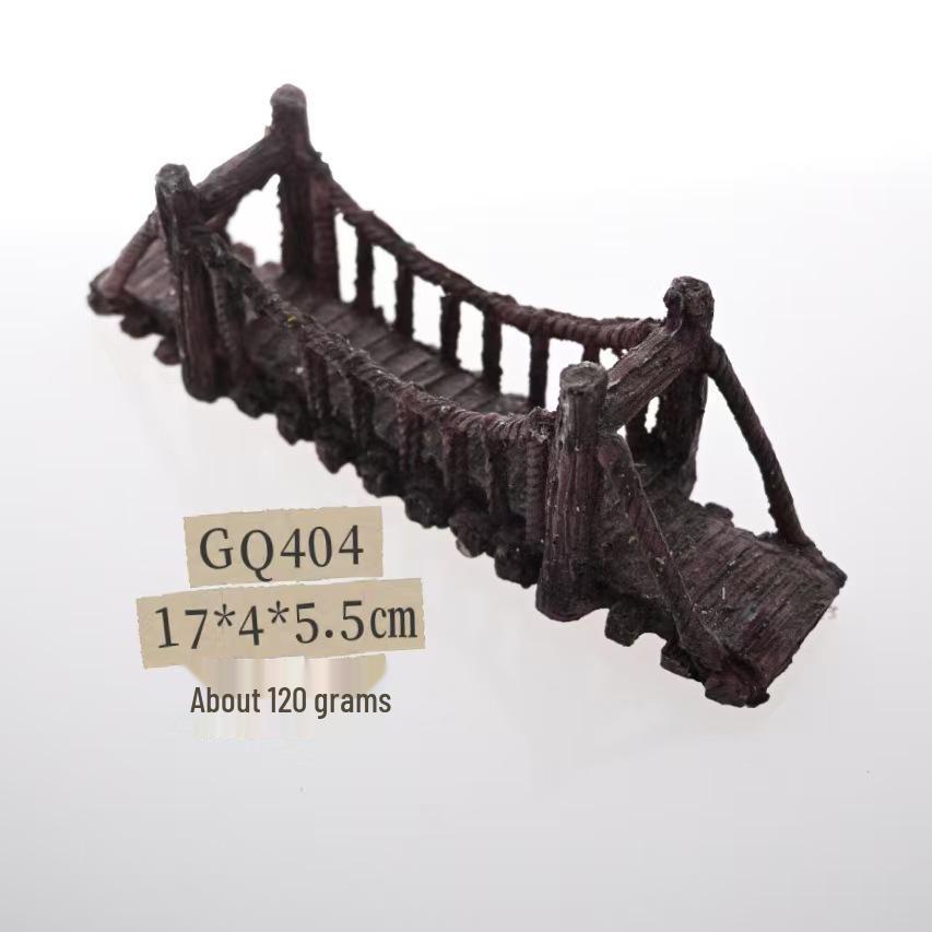 Fish Tank Decor: Artificial Mountain & Wooden Suspension Bridge Set