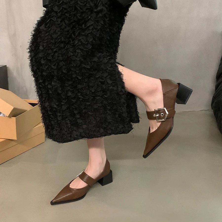 British Style Retro Pointed Mary Jane Small Leather Shoes Women's 2025 Spring and Autumn New Korean Version Thick Heel Shoes Loafer Single Shoes