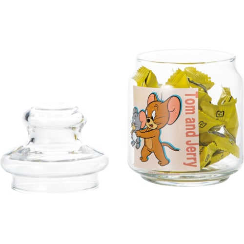 Tom and Jerry" Cartoon Scene Toffee Glass Canister, Candy Pot, Snack Storage Container, Approx. 500ml, Diameter 9x15cm, Tableware, Tom and Jerry Merc