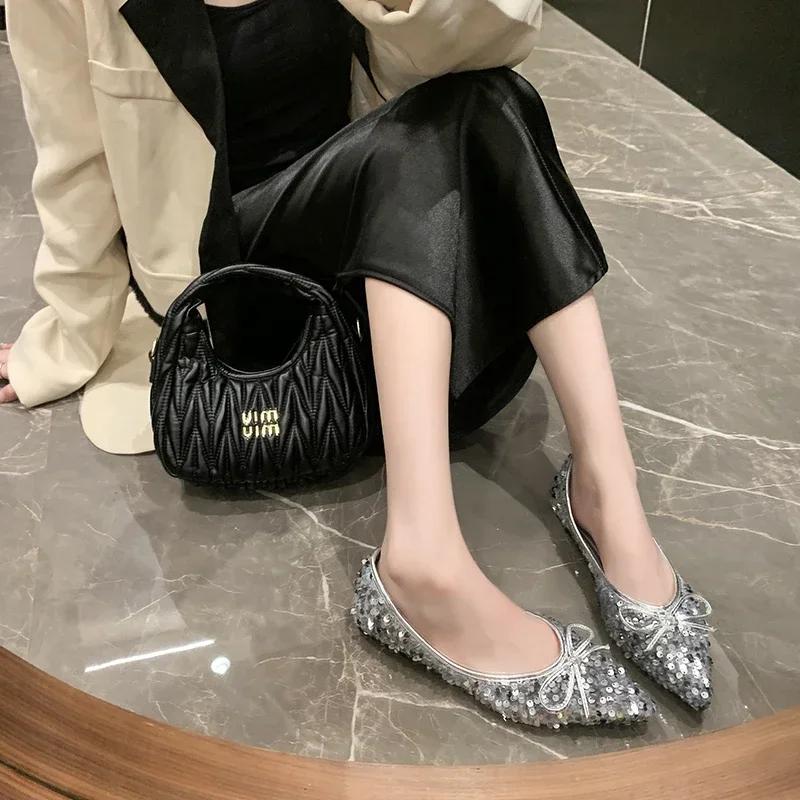 Women's Sexy Pointed Shoes 2025 Summer New Black Sequin Fashion Temperament Dress Bow Flat Shoes Comfortable Women's Shoes