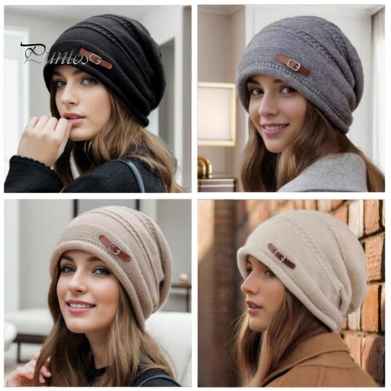 Wintermütze für Damen, dick gestrickt, winddicht, mit Plüsch gefüttert, hält warm, Ohrenschutz, elastische Baggy-Kappe, Outdoor-Mütze für den Schulweg