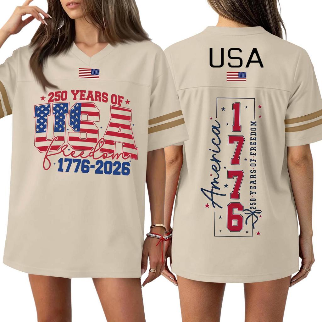 T-shirt Sport Haut Casual Mode Femme Col en V Impression Jour de l'Indépendance Manches Courtes