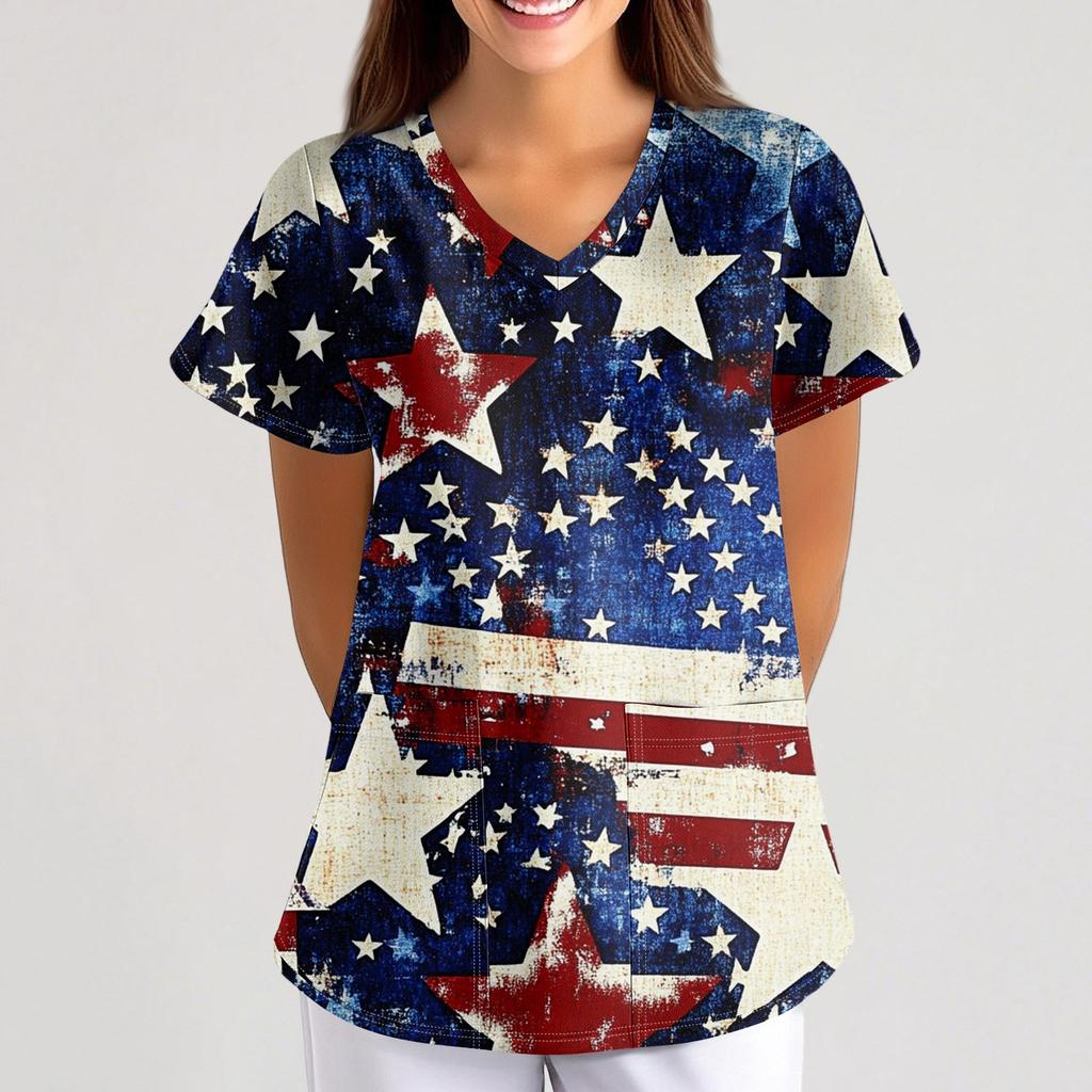 Plus Size Printed Scrub Working Uniform Tops For Women's Cross V-Neck  Short Sleeve Fun T-Shirts Workwear Tee With Pockets