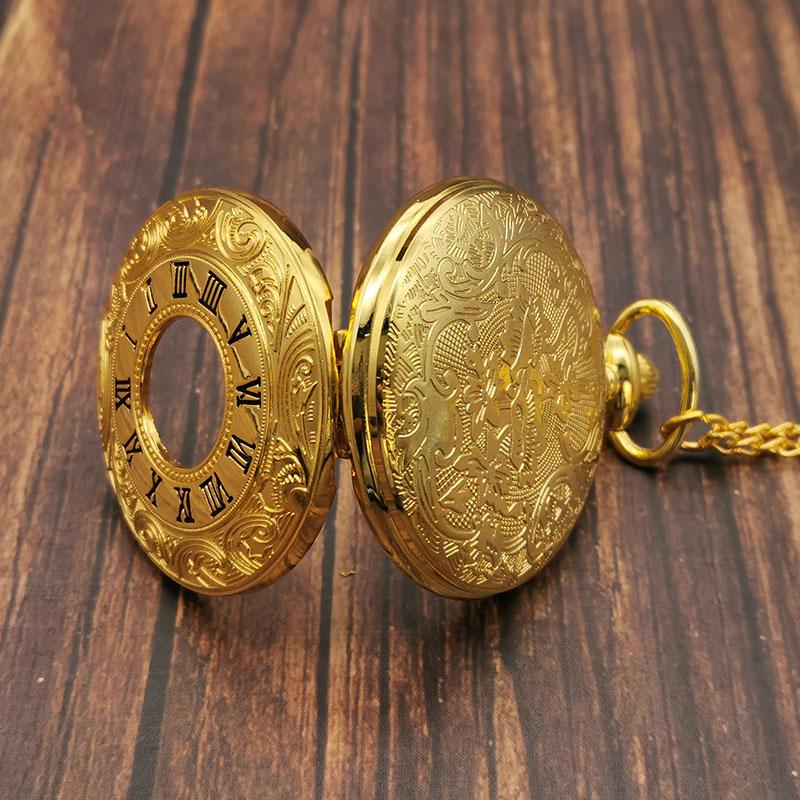 Gold Roman Numerals Quartz Pocket Watch Chain Men Women Hollow Case Vintage Pendant Necklace Best Gifts for Men Women