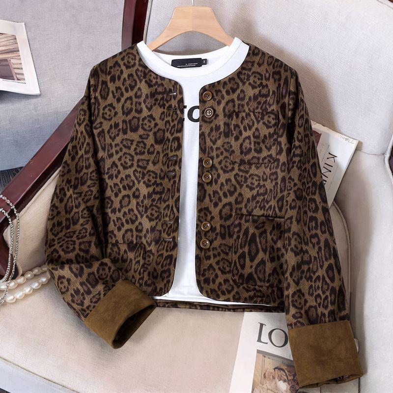Women's Leopard Print Patchwork Color Block Jacket, Coco Style, New for Spring/Autumn 2025