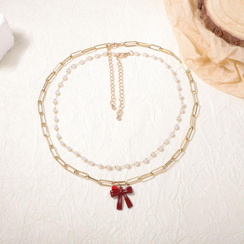 Korean version of simple, fashionable and fresh temperament double-layer stacked chain imitation pearl niche design necklace versatile daily