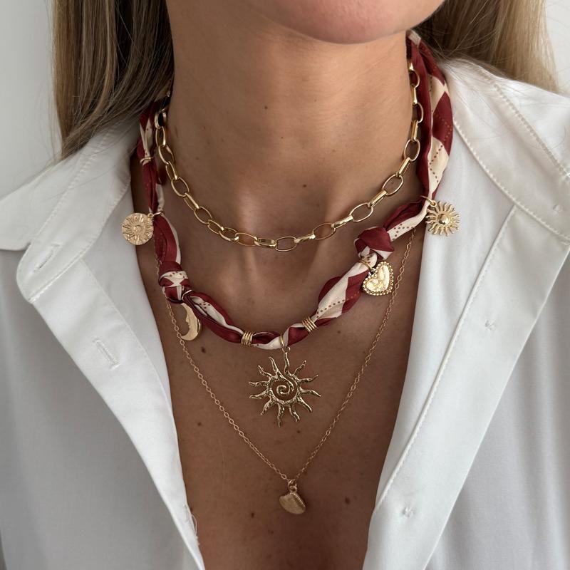 3Pcs/Set Bohemian Printed Fabric Necklace Women Vintage Starfish Conch Pendant Necklace Jewelry
