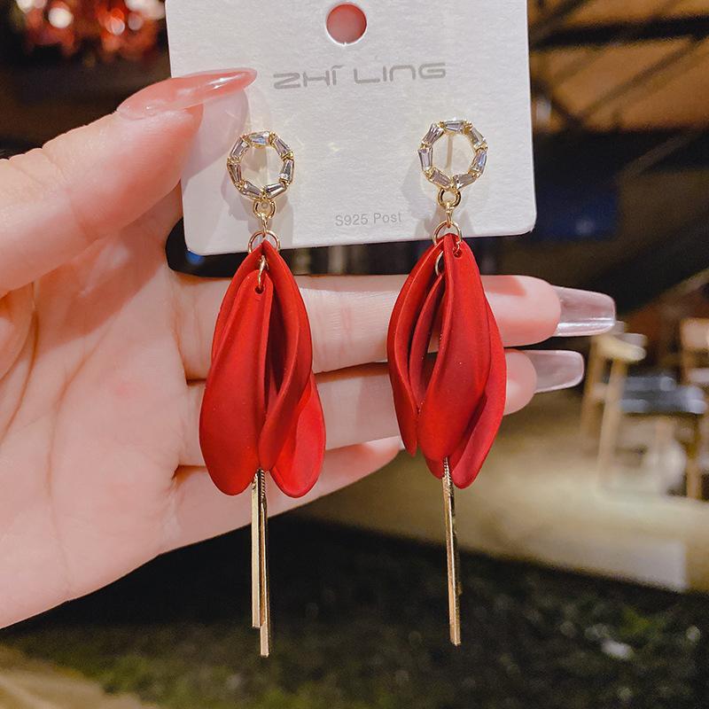 Fashion Atmospheric Red Velvet Bow Earrings Femininity Sweet Flower Long Fringed Versatile Earrings