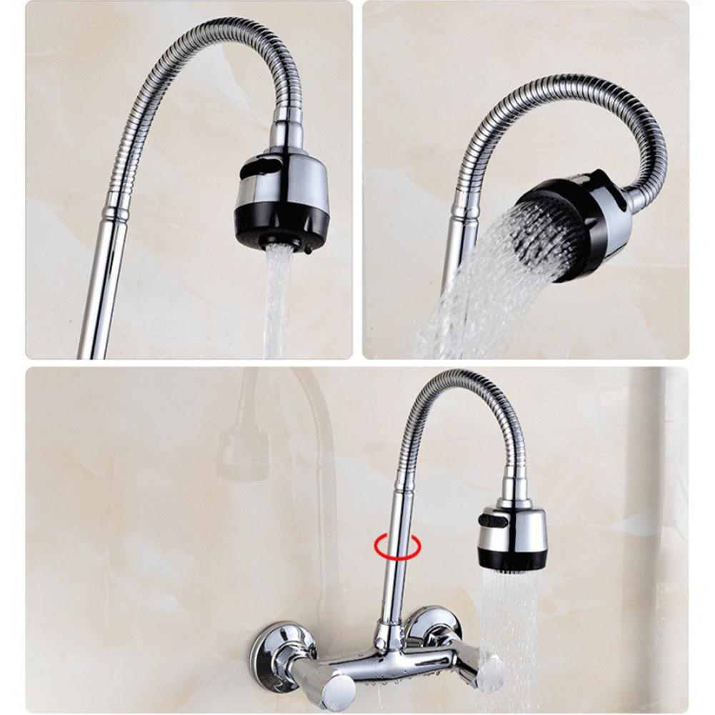 Kitchen Sink Faucet Wall-Mounted Cold And Hot Water Mixer Faucets 360° Rotatable Dual Handle Kitchen Splashproof Faucet
