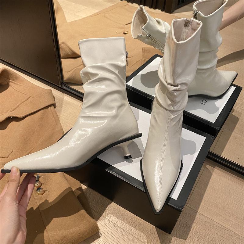 

Женские ботильоны до середины икры в британском стиле на шпильке с острым носком и задней молнией, сезон осень-зима 2025 38 белый