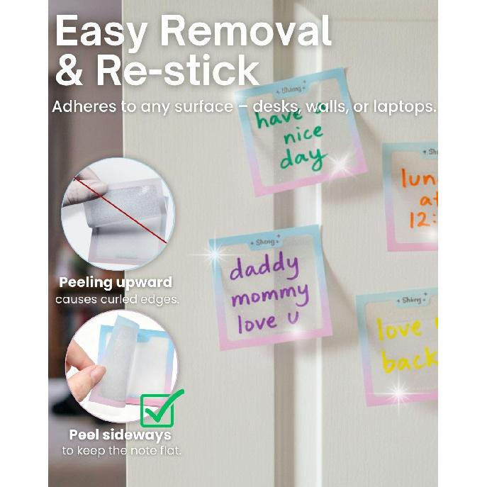200pcs Glitter Sticky Notes, Transparent Sticky Notes with Pink Blue Iridescent Edge, Cute Self-Adhesive Memo Pads for Office, School & Home