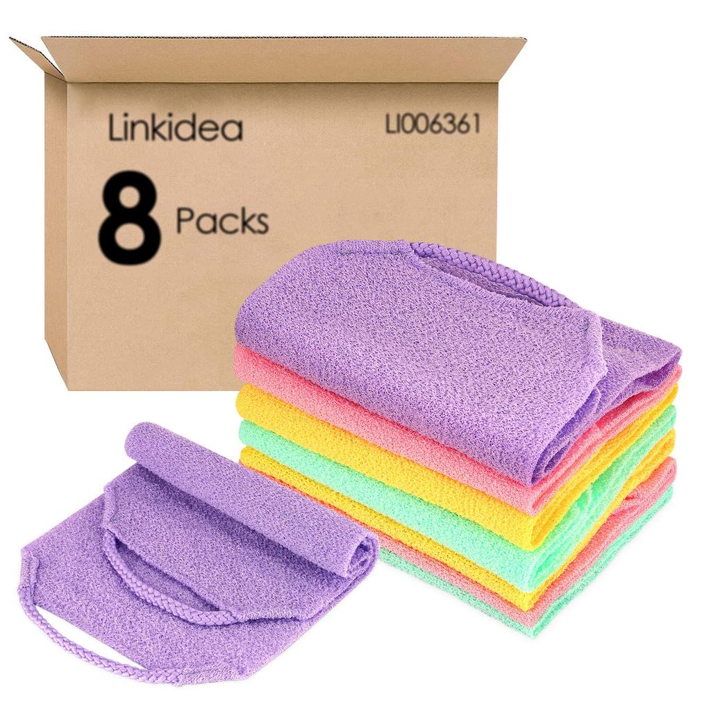 Linkidea Elastic Pull Strap Exfoliating Towels Bulk Wholesale Exfoliating Back Scrubber with Scrub Bath Deep Clean Skin for Body Shower 8-Pack Pack,