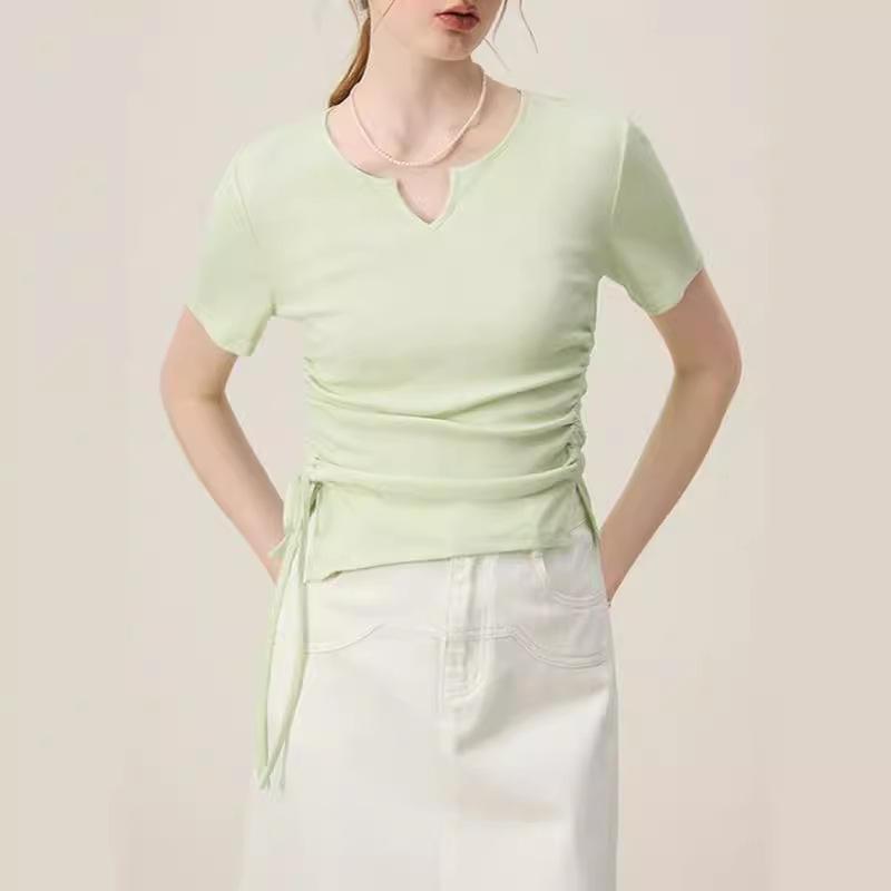 

Вязаная футболка с коротким рукавом и прямыми плечами Летний дизайн Топ на кулиске S мятный зеленый