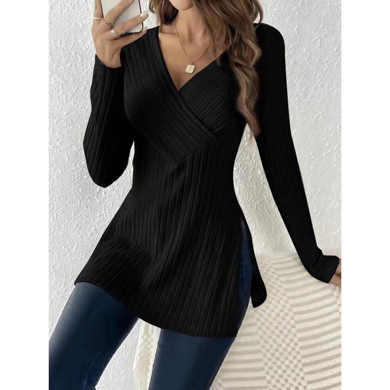 

Женский элегантный полосатый трикотажный топ с длинными рукавами и футболкой с V-образным вырезом XXL