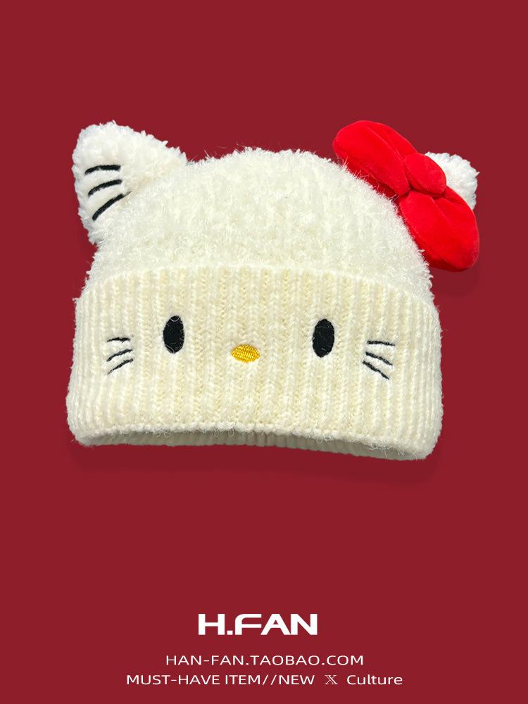 

Sweet cute kt cat ears wool knitted hat children s season warm ear protection bow cold hat M（55-59cm） білий