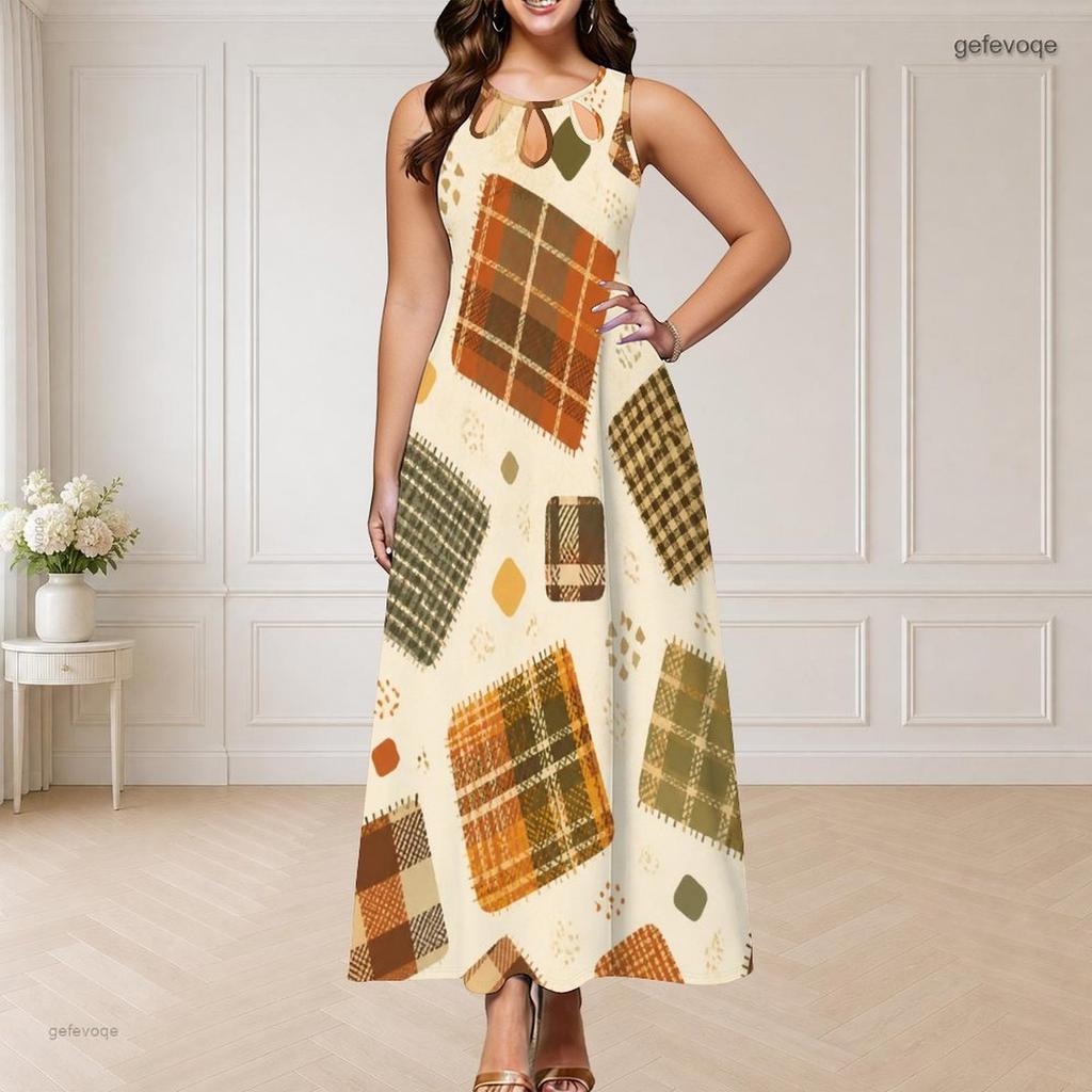 Women Plus Size Round Neck Triple Keyhole Sleeveless Geometric Printed Maxi Dress
