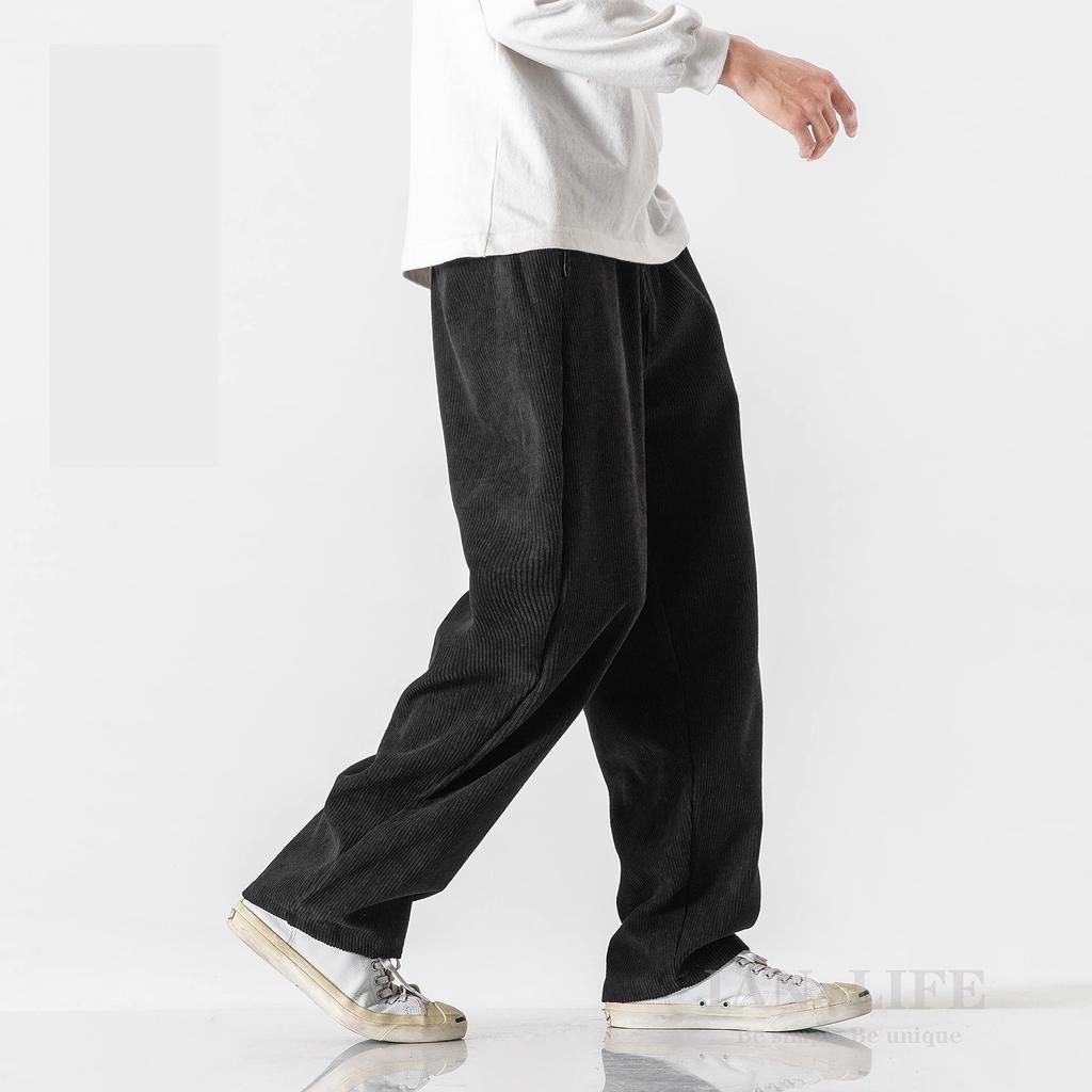IAN-LIFE Men's Wide-Leg Corduroy Pants, Black, Size M