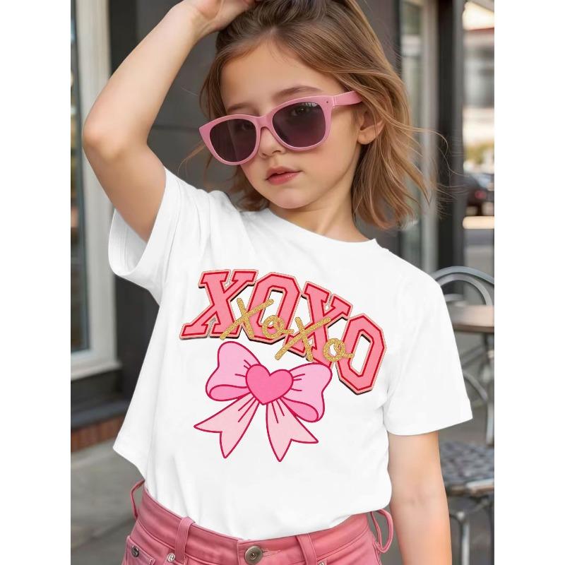 Girls Short Sleeve T-Shirt XOXO Heart Bow Print Summer Cute Sweet Top 110 белый