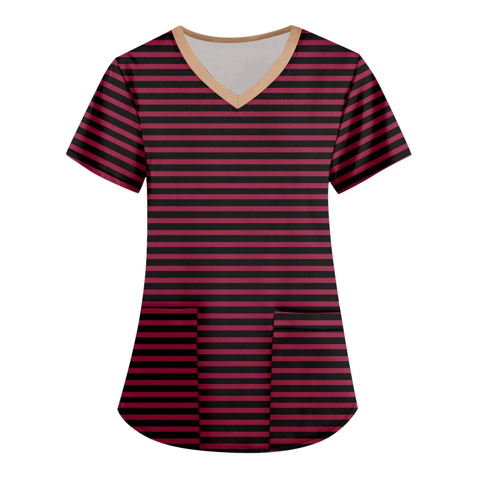 

Жіночі модні робочі футболки з принтом і V-подібним вирізом з короткими рукавами та кишенями XL винний