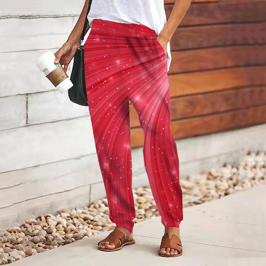 Women Abstract Printing Pants Lace Up Elastic Waist Loose  Trousers Casual Long Pants Trousers with Pockets