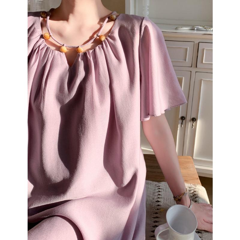 DIMANAF 2025 Summer Plus Size Dress Women Vintage Dress Basic Long Elegant Loose Casual Pleated Dress