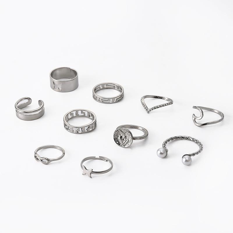Ring, Wind Hollow Butterfly Fashion Pearl 10-Piece Set Ring Ring Ring