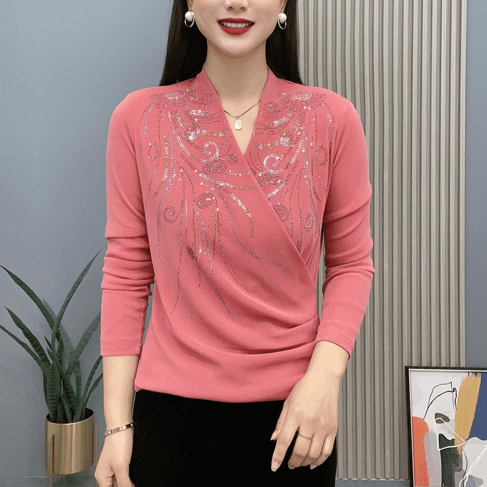 Autumn/Winter Cross-Neck Rhinestone Phoenix Long-Sleeve Base Layer Shirt