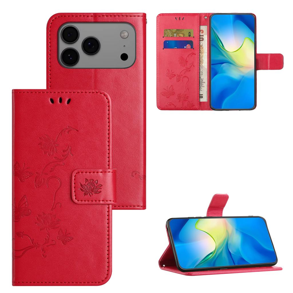 Etui na iPhone 17 Pro Max Portfel Stojak Wytłaczany Motyl Kwiat Skóra PU Pokrowiec na Telefon
