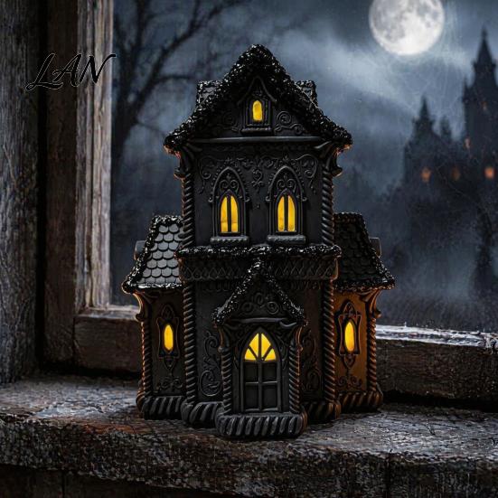 Illuminated Gothic House Ornament Lighted Halloween Village Statue with LED Light, Cabinet Black Spooky Figurine for Tabletop Holiday Home Decor