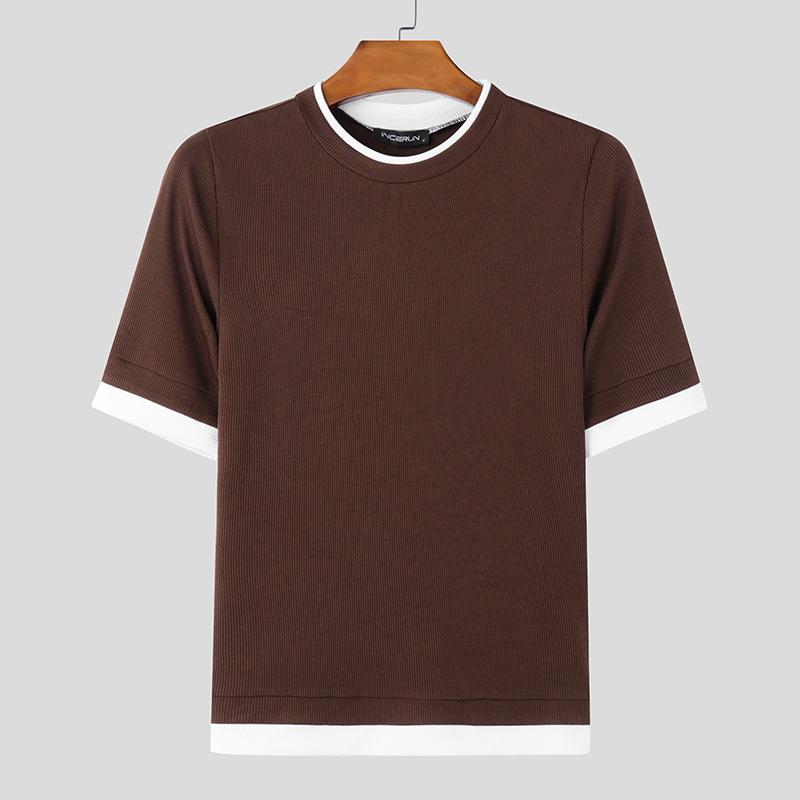 INCERUN Summer Men O Neck Short Sleeve Stitching Rib Skinny Tops T-shirts