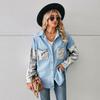 GMXIA Frühling Herbst Langarm Lose POLO Neck Leopard Print Patchwork Denim Hemd Langarm Top Strickjacke