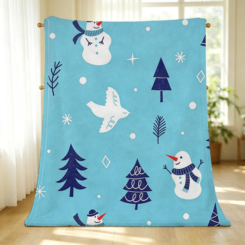 Christmas Theme Flannel Blanket - Thick Warm Soft, Cozy Home/Guest Room Single Blanket with Snowman & Christmas Tree Design