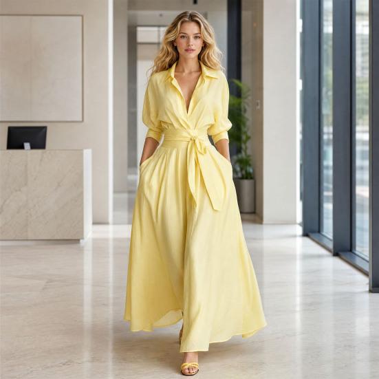 Damen Maxikleid Hemdkleid, Halbsärmel Revers V-Ausschnitt Langes Kleid, Lässiges A-Linie Lockeres Schwingkleid mit Taschen