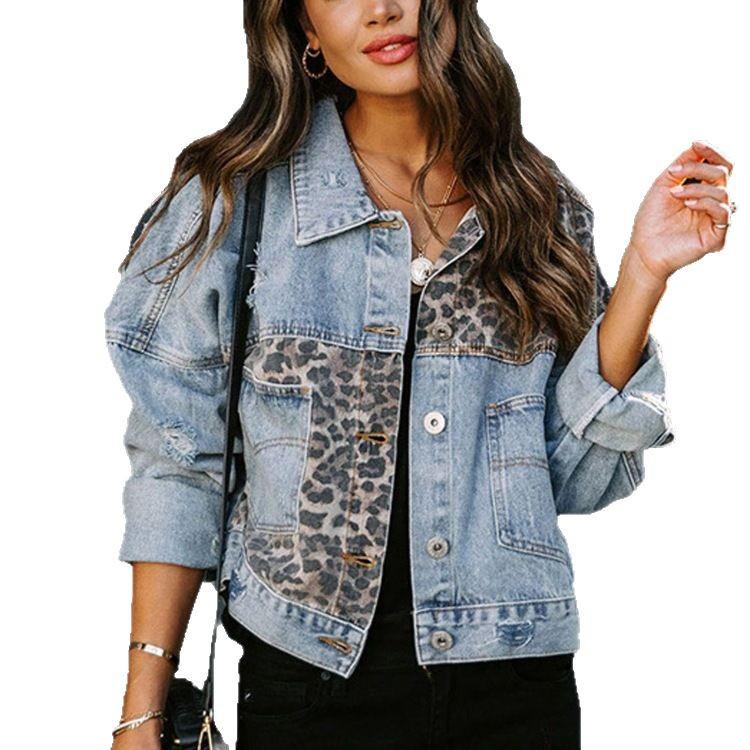 TEMU Damen Distressed Jeansjacke mit Leopardenmuster, Langarm, zerrissene Oberbekleidung.