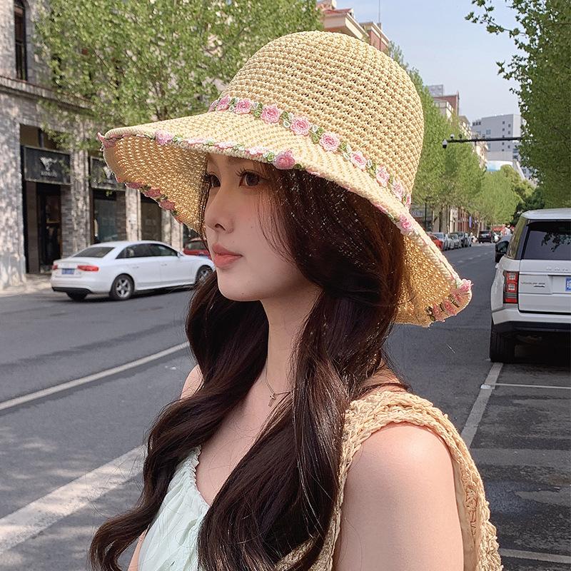 Women's Summer Straw Fisherman Hat, Japanese Style Floral Beach Vacation Hat, Large Brim Sun Protection Sun Hat