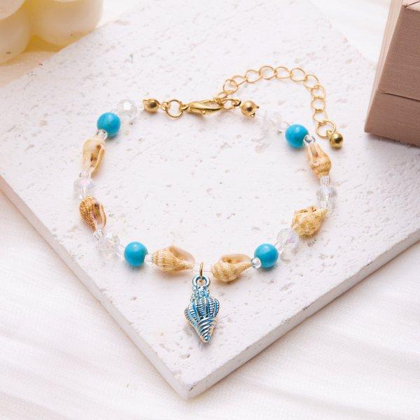Braccialetto Bohémien con Conchiglie Cowrie, Ciondoli Carini a Stella Marina, Perline Blu, Elastico per Polso da Donna, Gioielli per Vacanze Estive al Mare