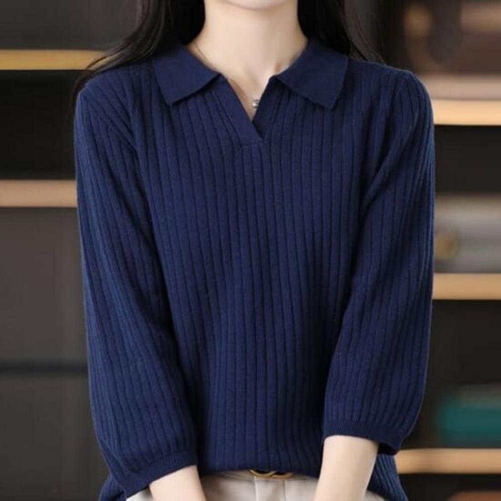 Navava Women Solid Ribbed Collar 3 4 KniT T Nk3586