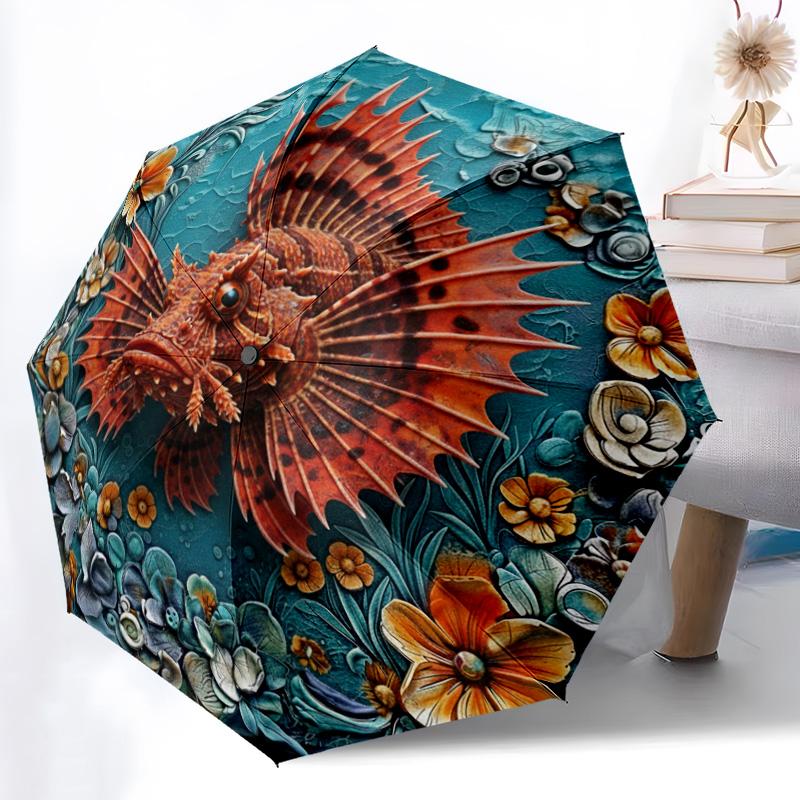 0106 Embossed Floral Marine Animals Pattern, Automatic Folding Umbrella, Portable and Foldable Design, 8 Ribs, a Christmas or Birthday Gift.