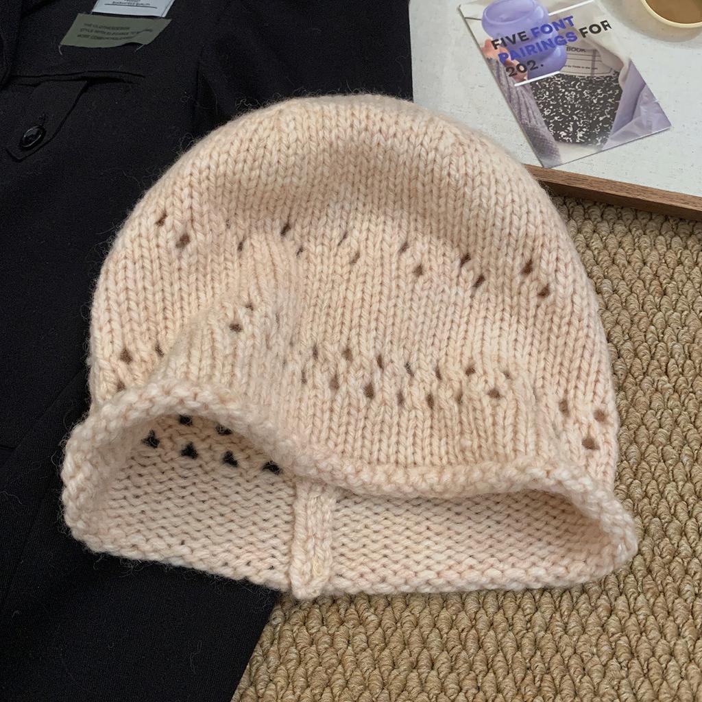Hollow knitted headgear female niche retro literary temperament versatile big head circumference showing face small pullover hat